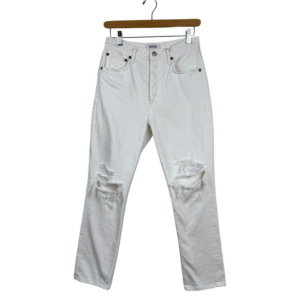 AGOLDE Riley Crop Organic Cotton High Rise Straight Jeans White Distressed Denim